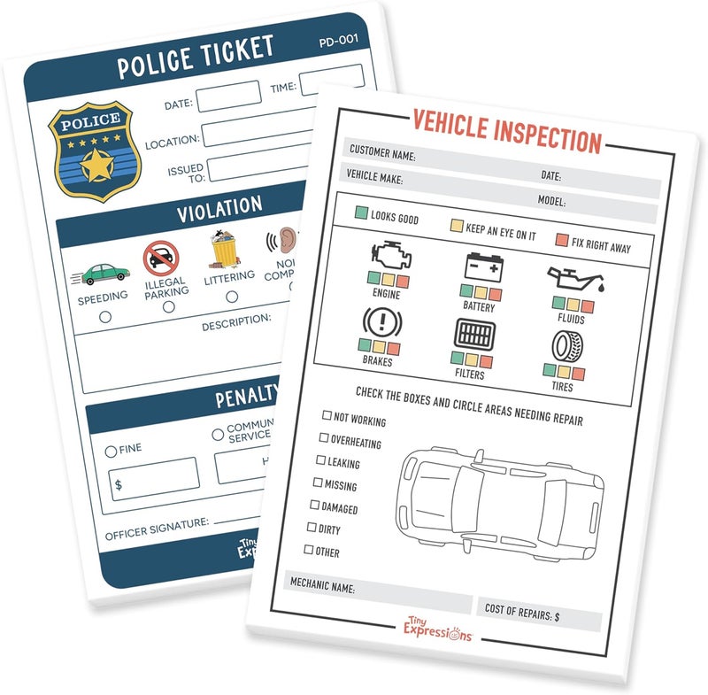 Tiny Expressions Play Notepads - 2-Pack Kids Pretend Play Notepads - 40 Pages Police Ticket & 40 Pages Vehicle Inspection Pads - Police Officer & Mechanic Imaginative Role Play - Image 1